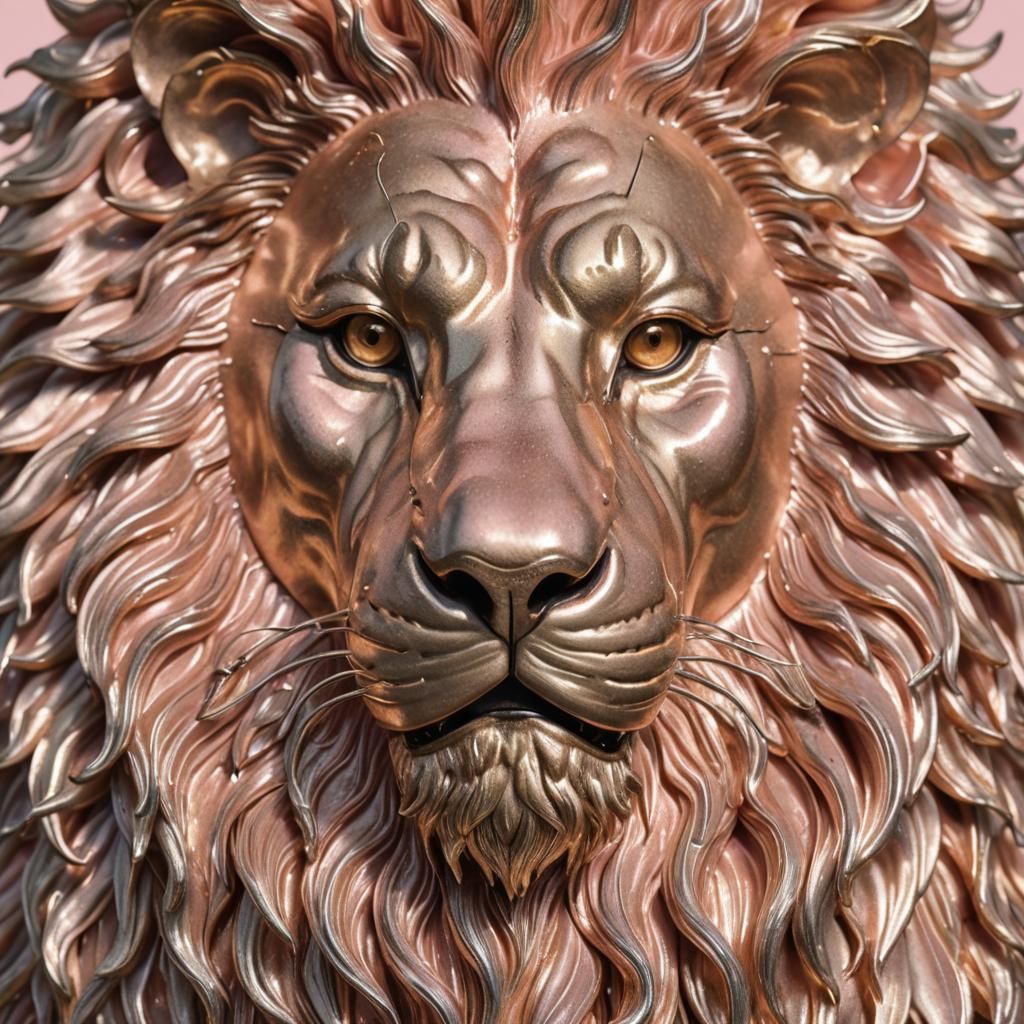 A majestic lion's head, intricately crafted from silver and gold, with each strand of the mane shimmering in the metalli...