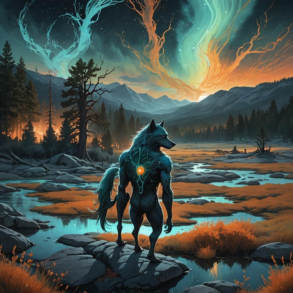 Wolf-Humanoid in Mystical Meadow: Surreal Fantasy Art