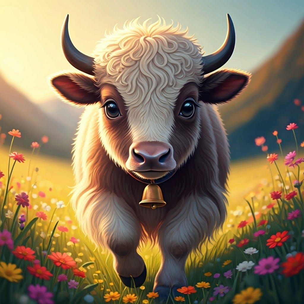 Whimsical Yak in a Field of Wildflowers
