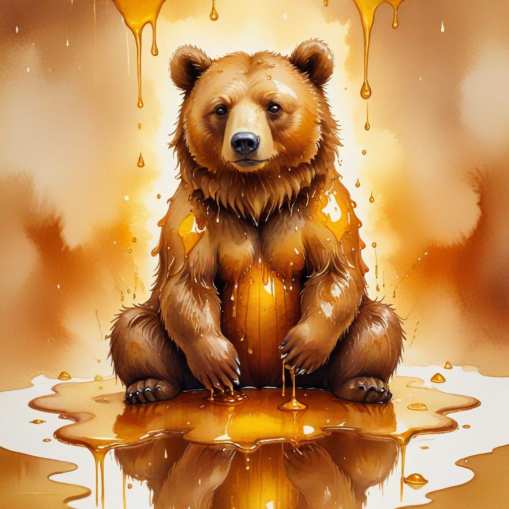 Golden Honey Bear in Watercolor Style