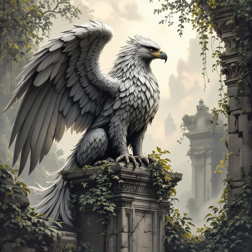 Griffin Perched Atop Ancient Ruins
