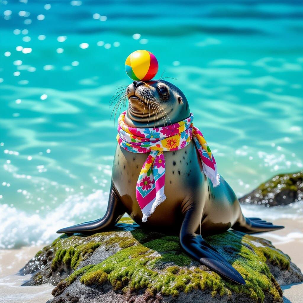 Playful Seal Balances Ball in Illustrative Style