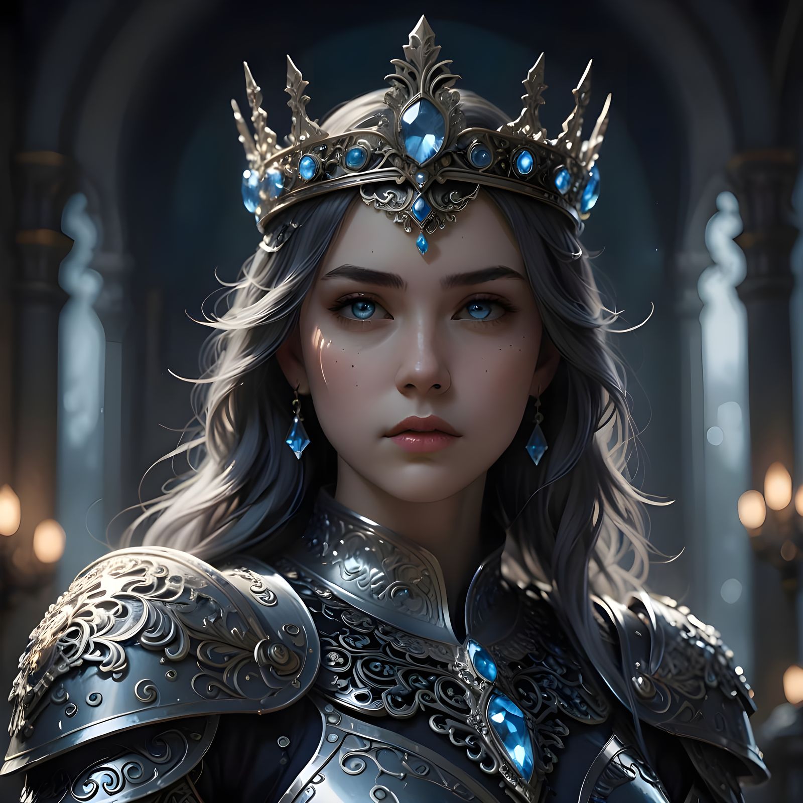 Regal Warrior Queen in Ornate Silver Armor