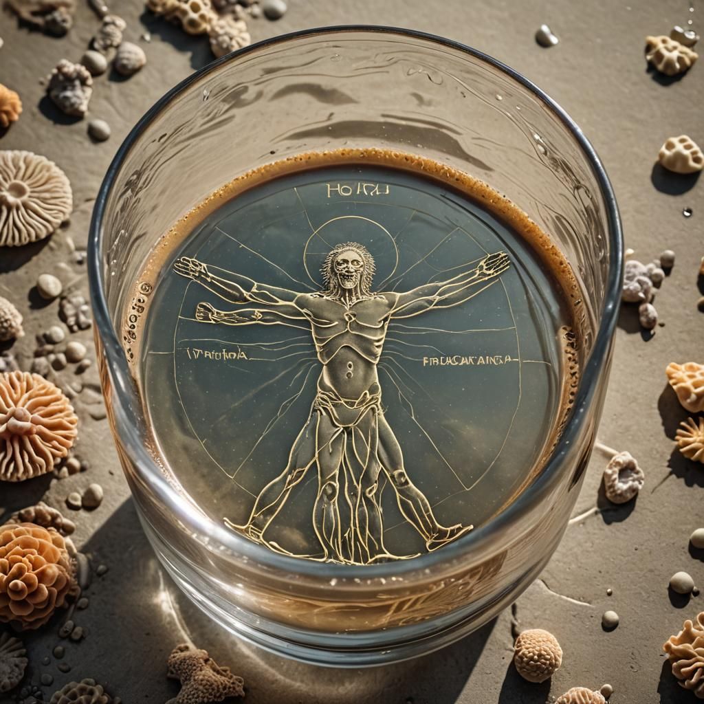 Vitruvian Man Coffee Cup Undersea: Photorealistic Detail