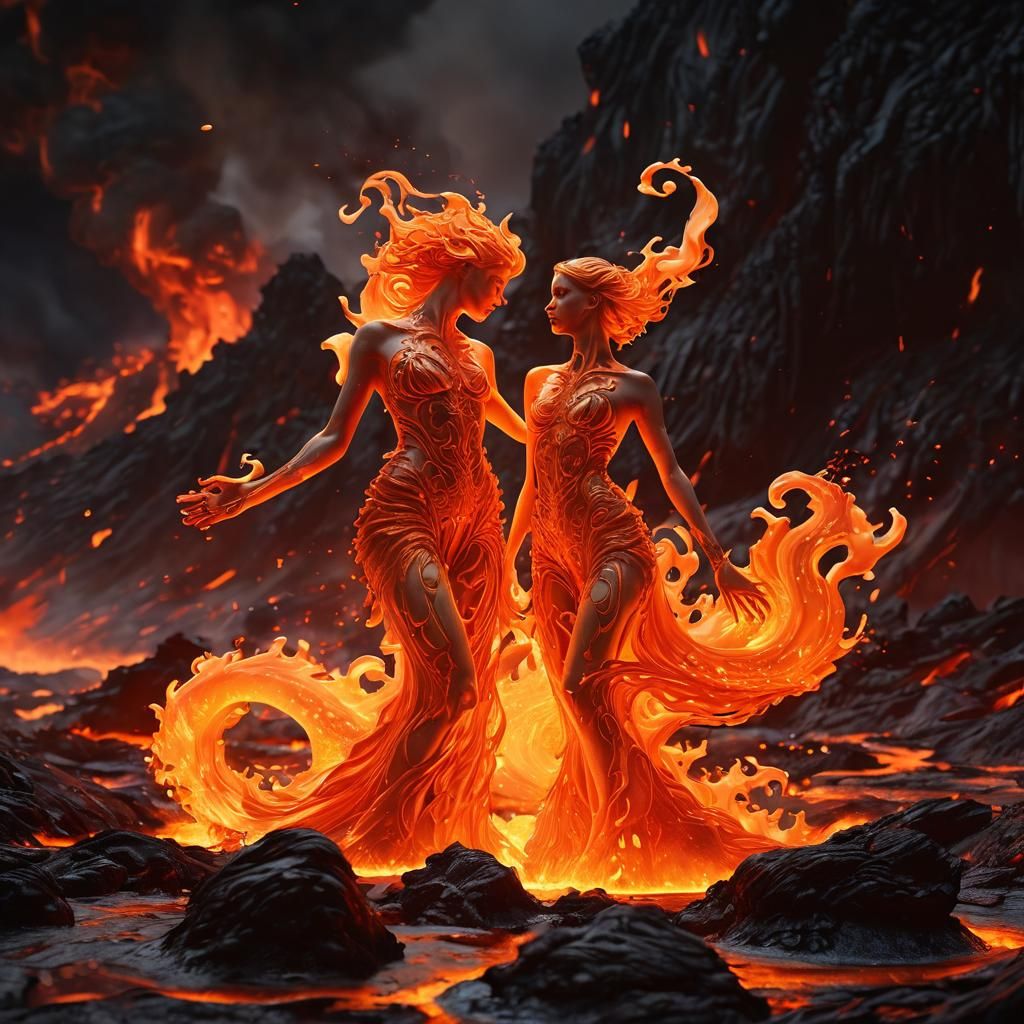 Fire Elementals Dance in Surreal Lava Landscape