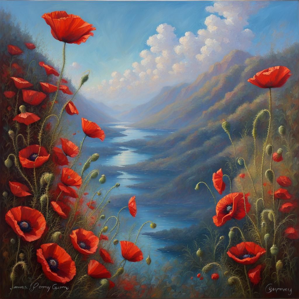 Radiant Red Poppy Fractals in Oil Painting Style