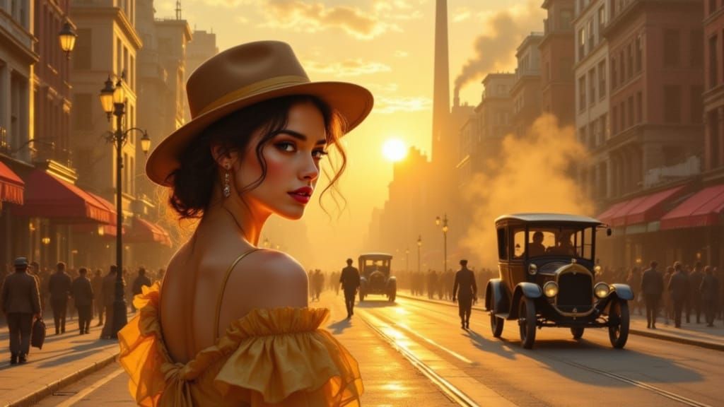 Elegant Woman Amidst Golden Hour Cityscape in Impressionist ...