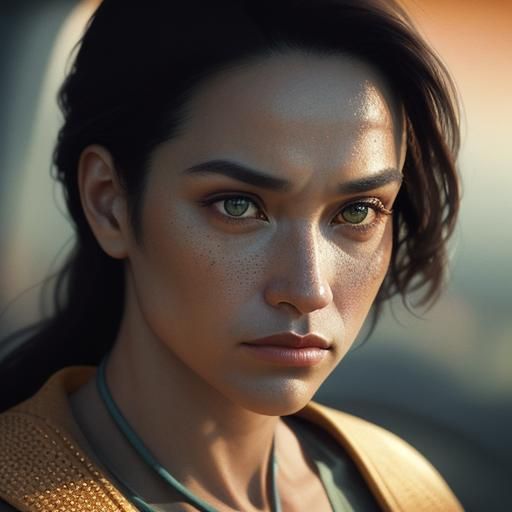 Pointillist Portrait of Determined Woman in Film Still