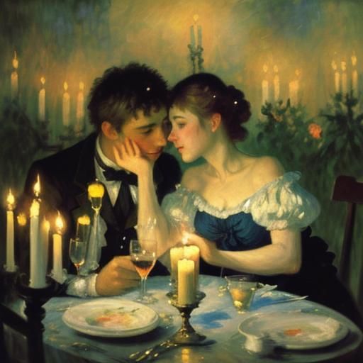 falling in love by candlelight at a dinner. Impressionism, e...