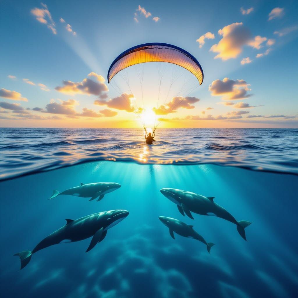 Paraglider Soars Over Ocean with Whales at Golden Hour