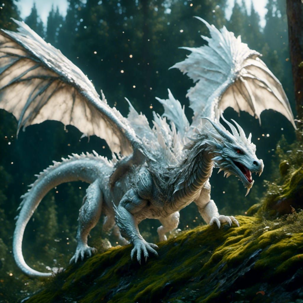 A Beautiful Close up Depiction of a <lora:Dragon> Made up of dragon, white with grey stripes, flying over forest, mounta...