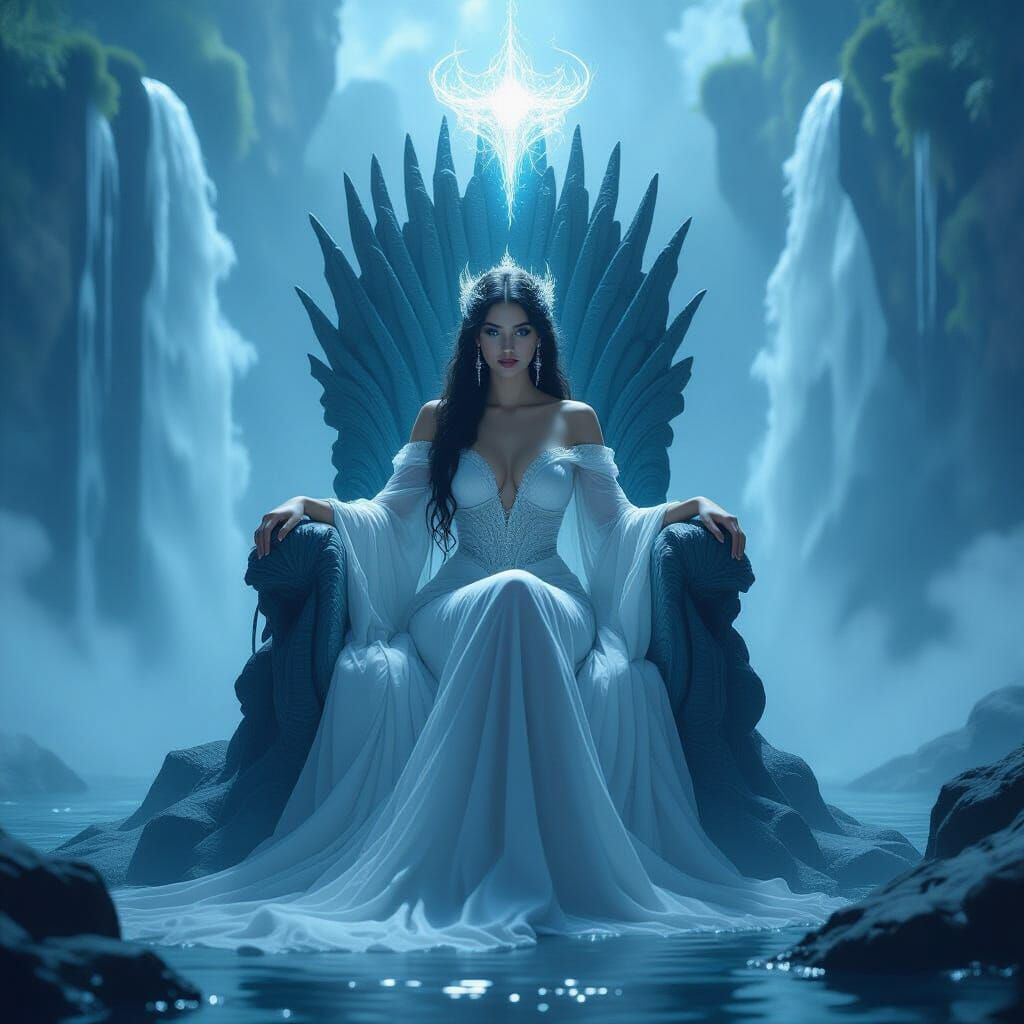 Fae Goddess on Waterfall Throne in Dreamy Style