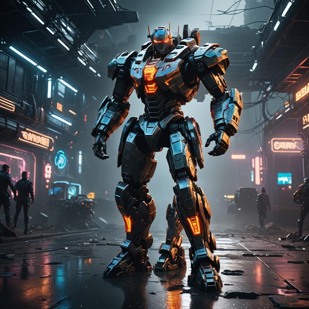 Sci-Fi Superhero in Mech Armor with Neon Glow