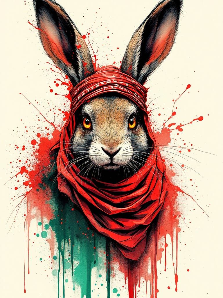Anthropomorphic Rabbit in Keffiyeh: Ink Drawing
