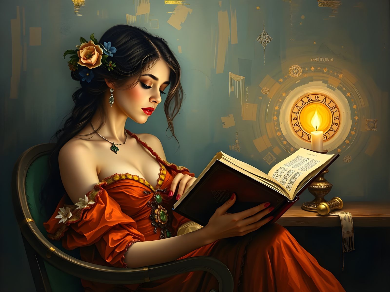 Romantic Candlelit Reading Scene in Art Nouveau Style