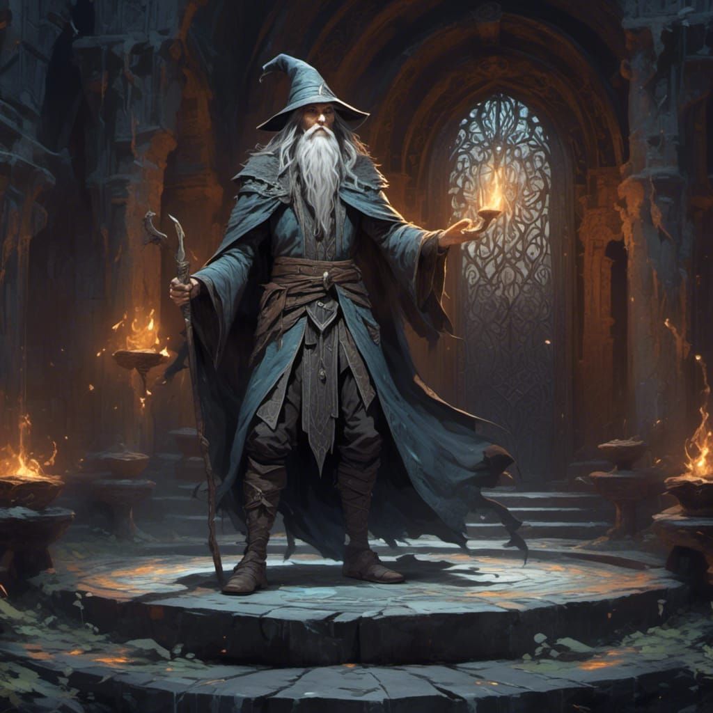 Elf Wizard in Shadowy Temple: Dark Fantasy Illustration