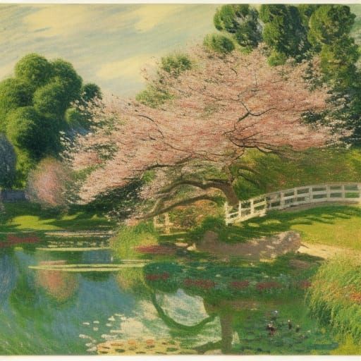 Japanese Garden Painting in Impressionist Style