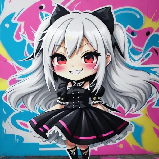 Bashful Chibi Girl in Gothic Dress: Graffiti Art