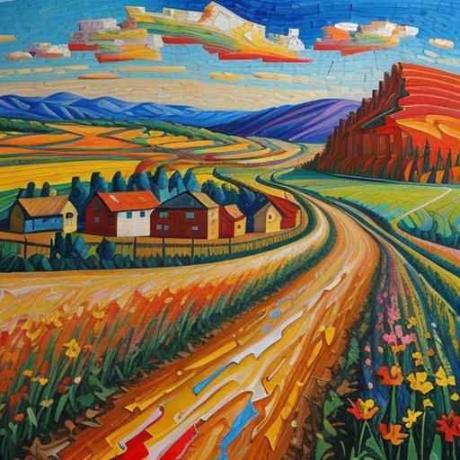 Rustic Mosaic Landscape in Expressionist Oil Painting