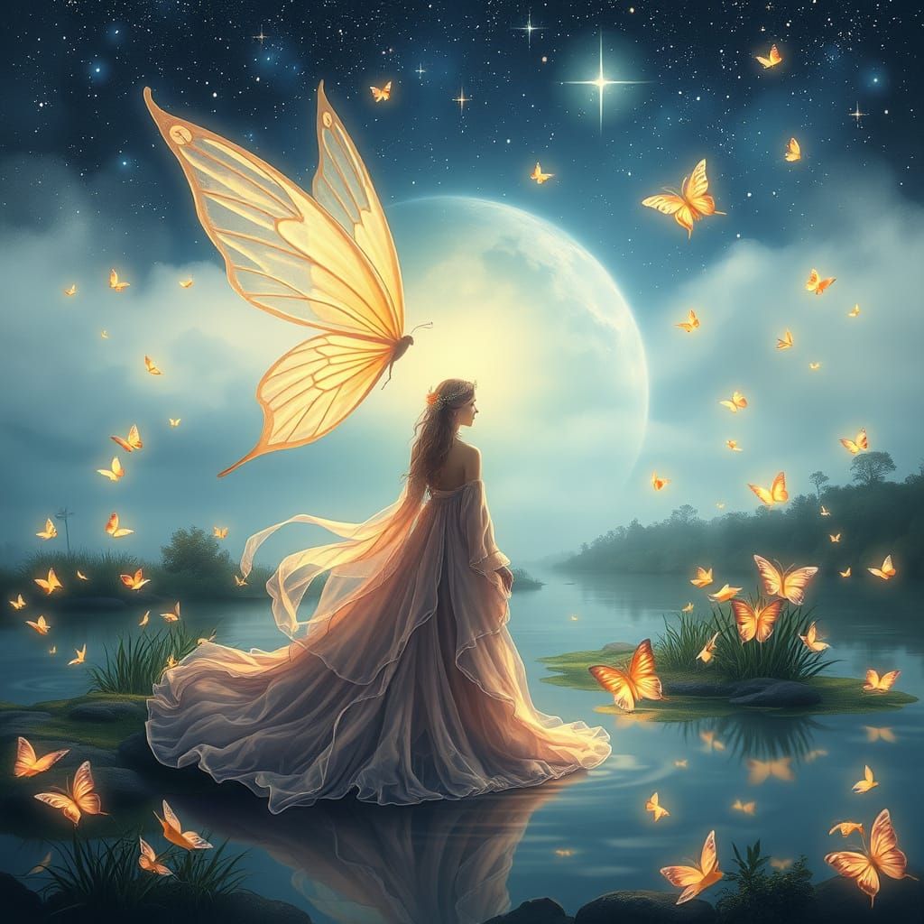 Ethereal Fairy Contemplates Pond Under Starry Sky