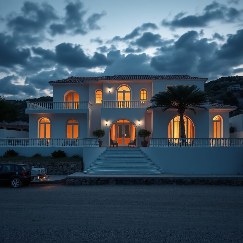 White Beachside Villa in Moody Evening Light