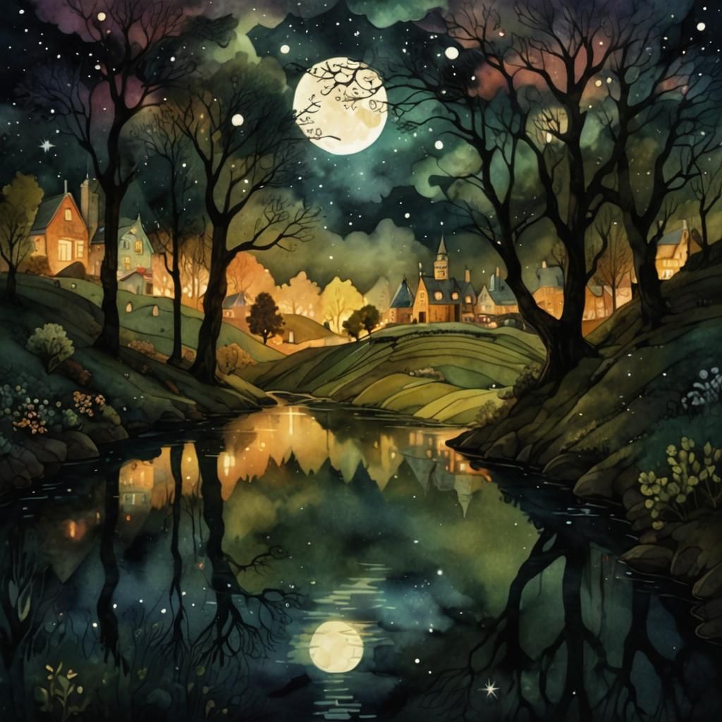 Whimsical Watercolor Village at Night with Zentangle Details