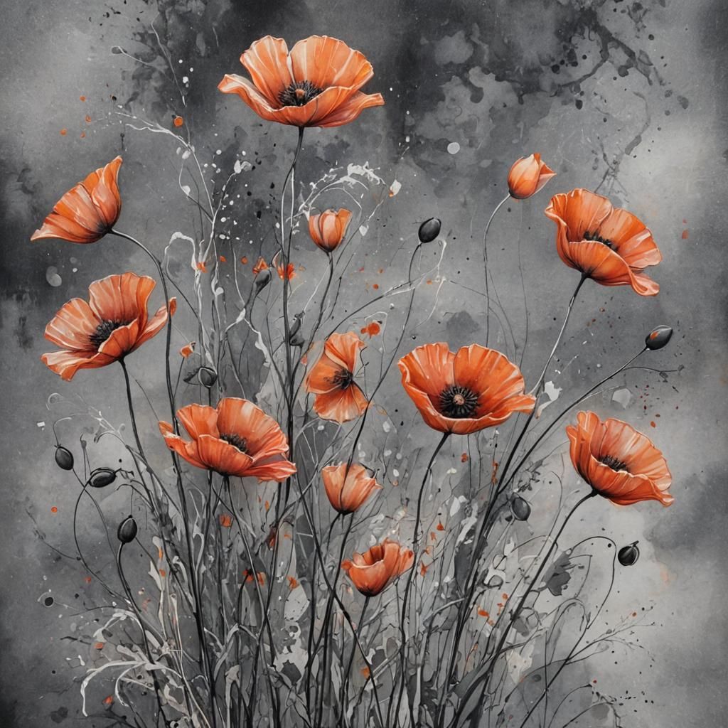 Whimsical Poppies Dance in Charcoal Gray and Vibrant Hues