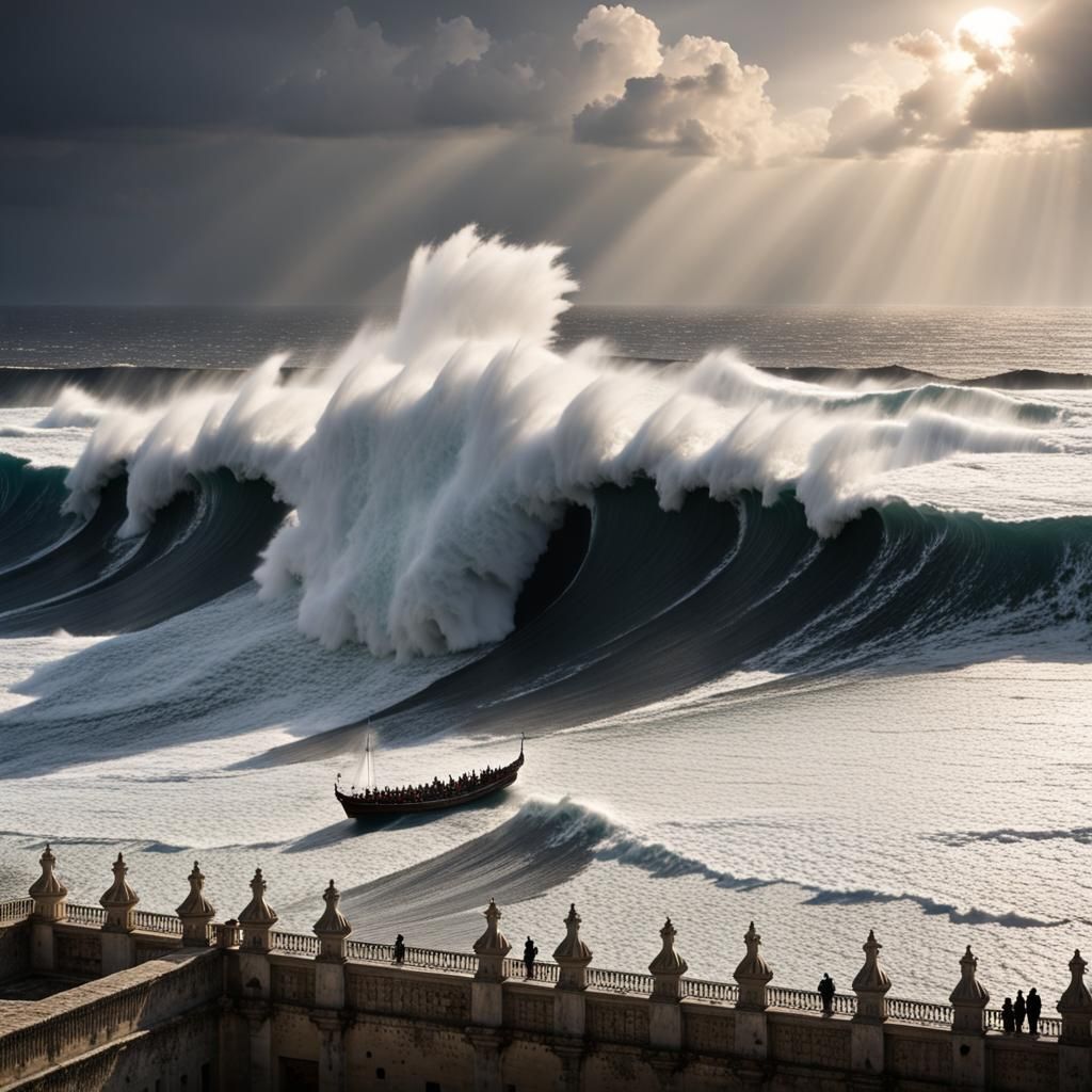 Tsunami Approaching Medieval Citadel Palace