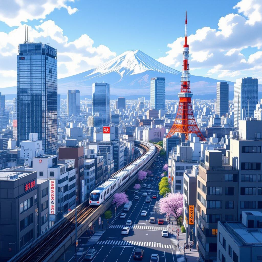 Realistic Tokyo Cityscape with Mount Fuji