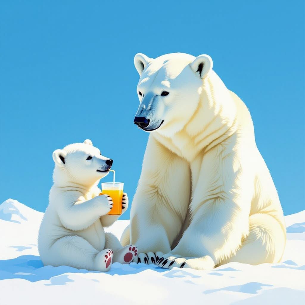 Polar Bear Family Enjoys Lemonade Under Blue Sky