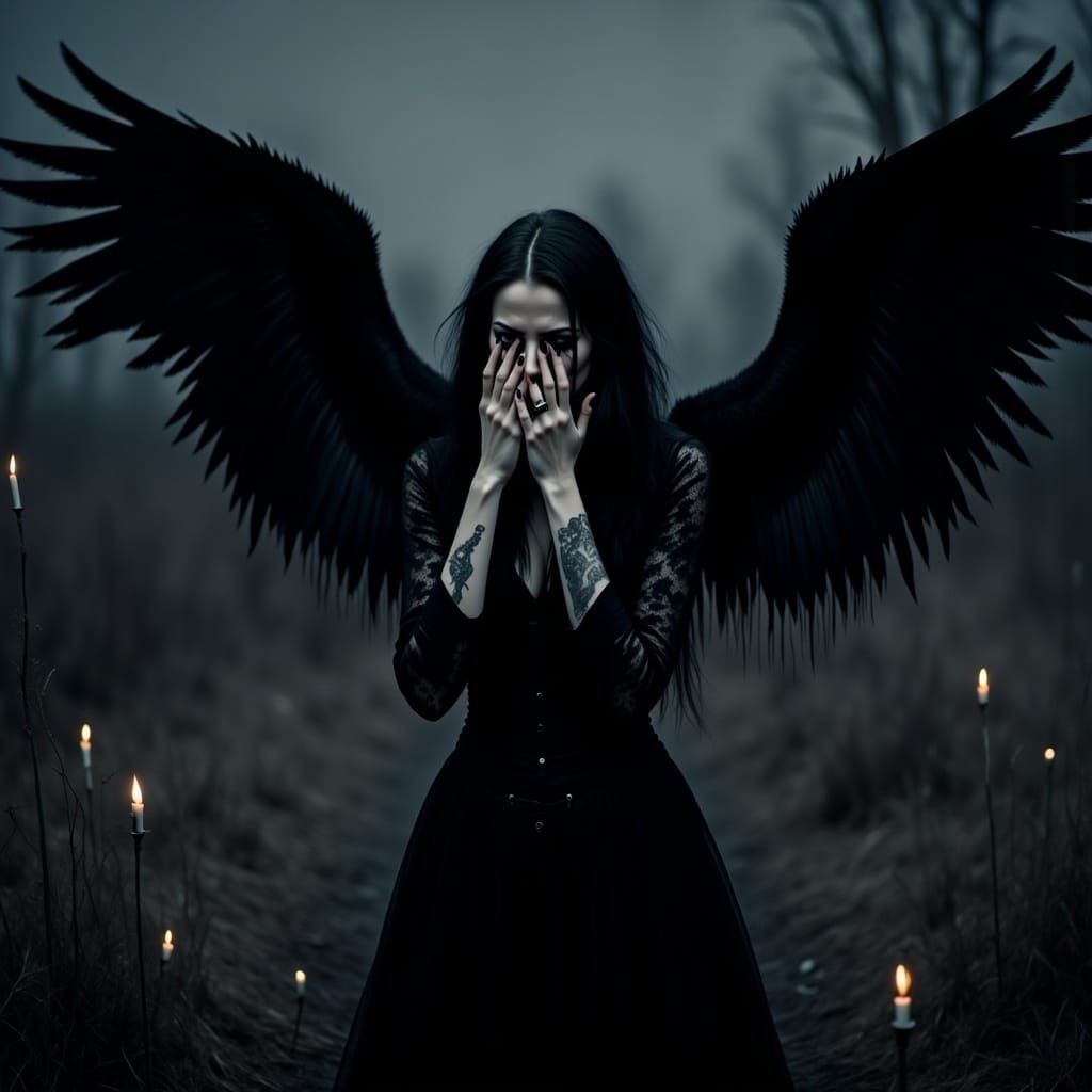 Gothic Woman with Black Wings in Dark Fantasy