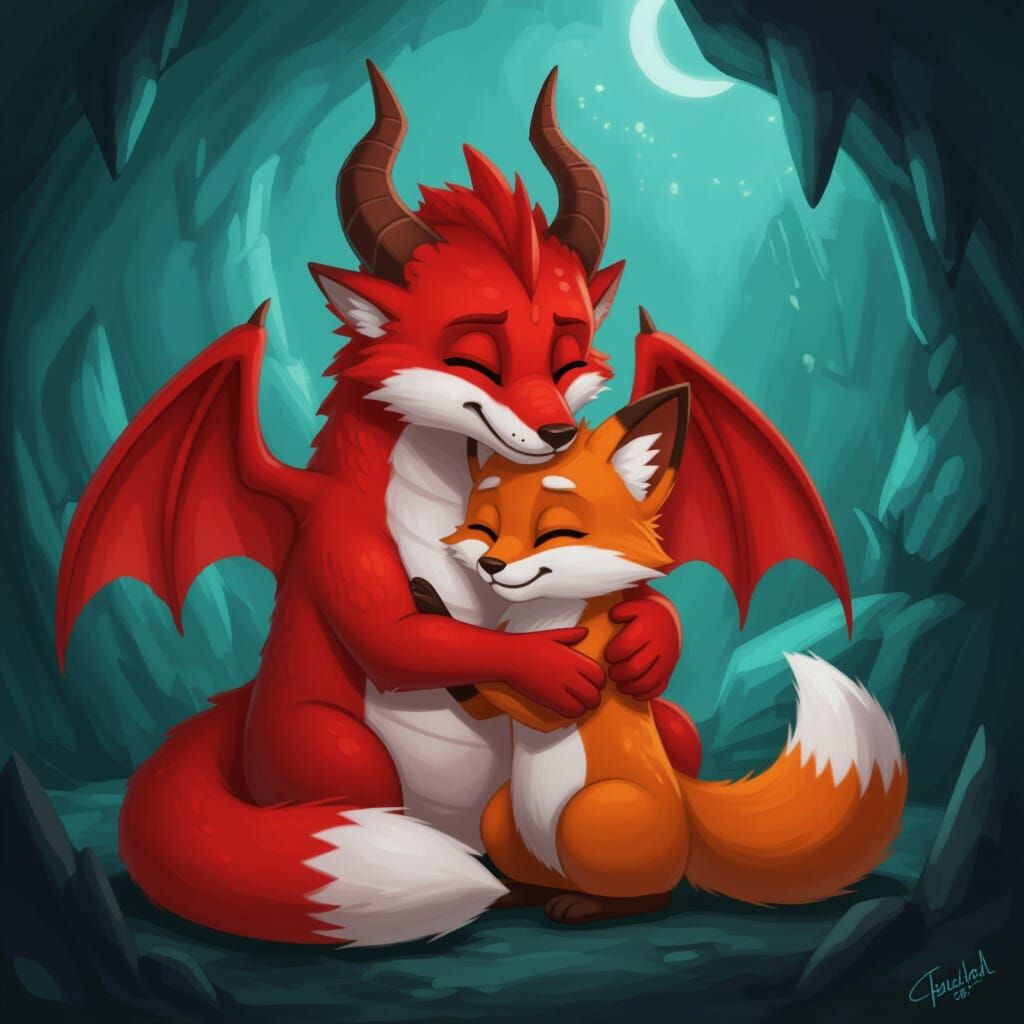 Furry Red Dragon Hugs Fox Friend In Cave Drawing
