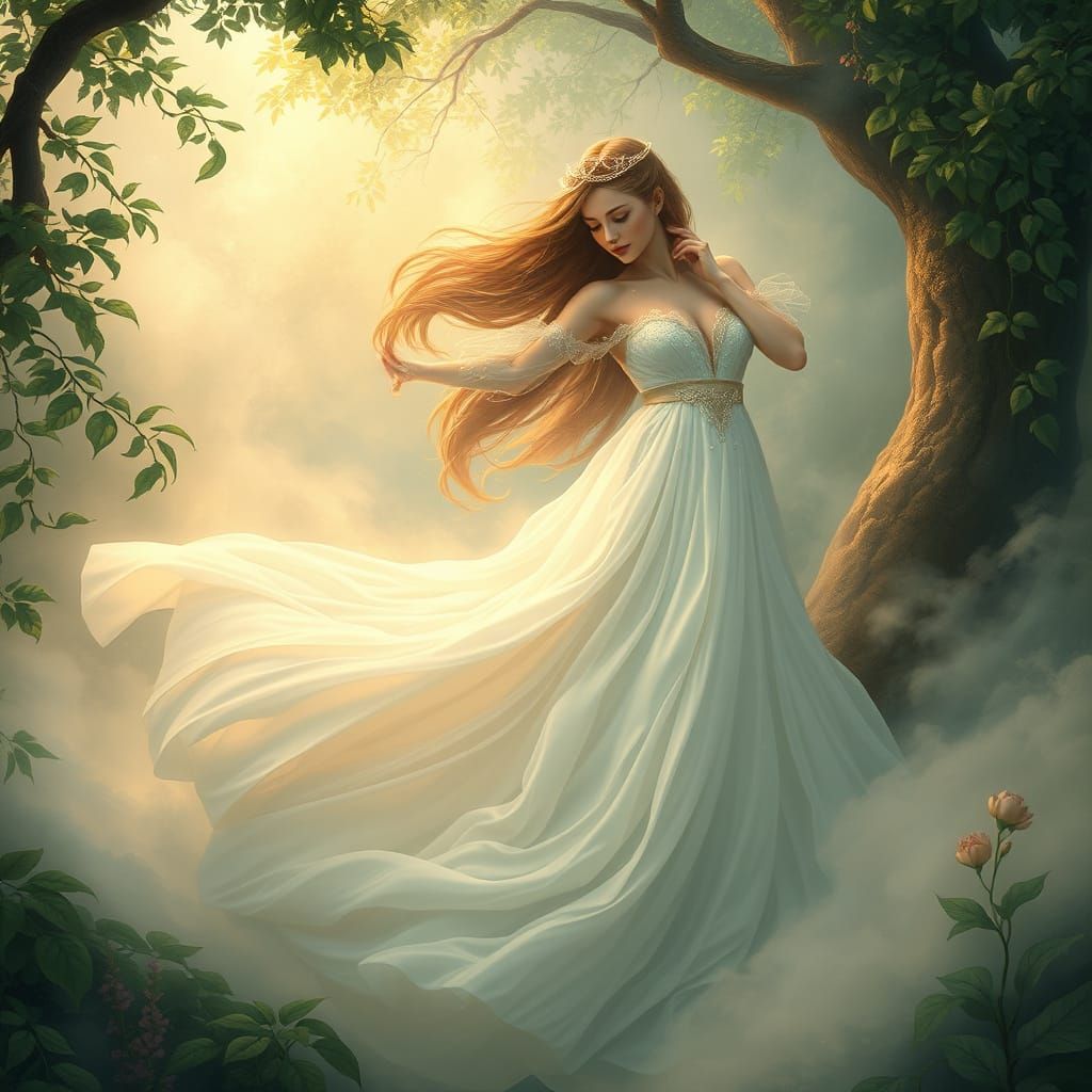 Dreamlike Fantasy Woman in Misty Landscape