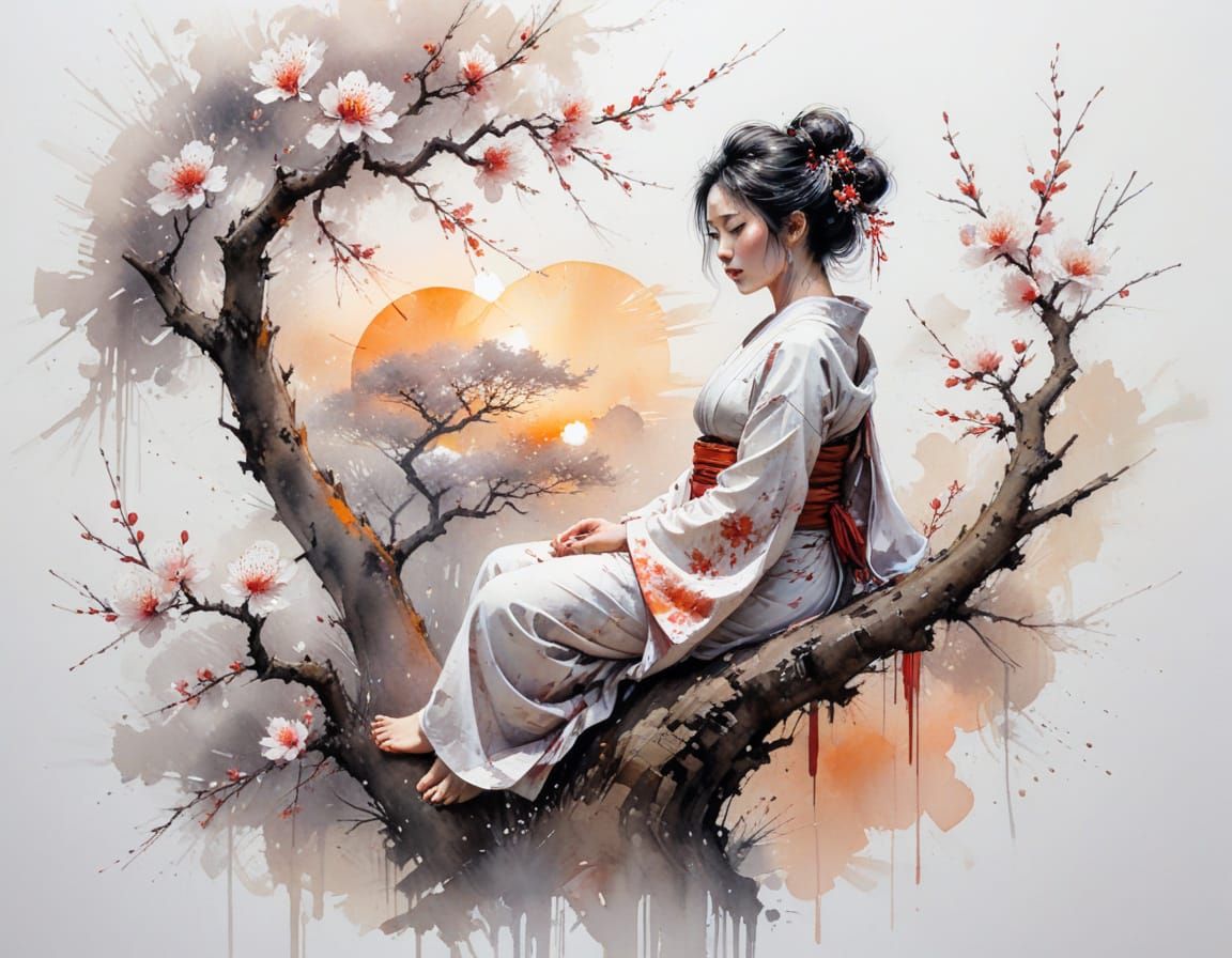Geisha Meditating Under Blossom Tree at Sunset