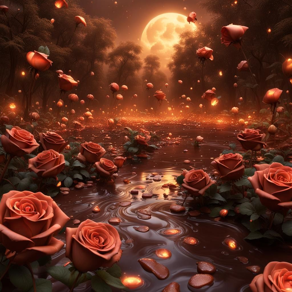Enchanted Chocolate River with glowing magical roses