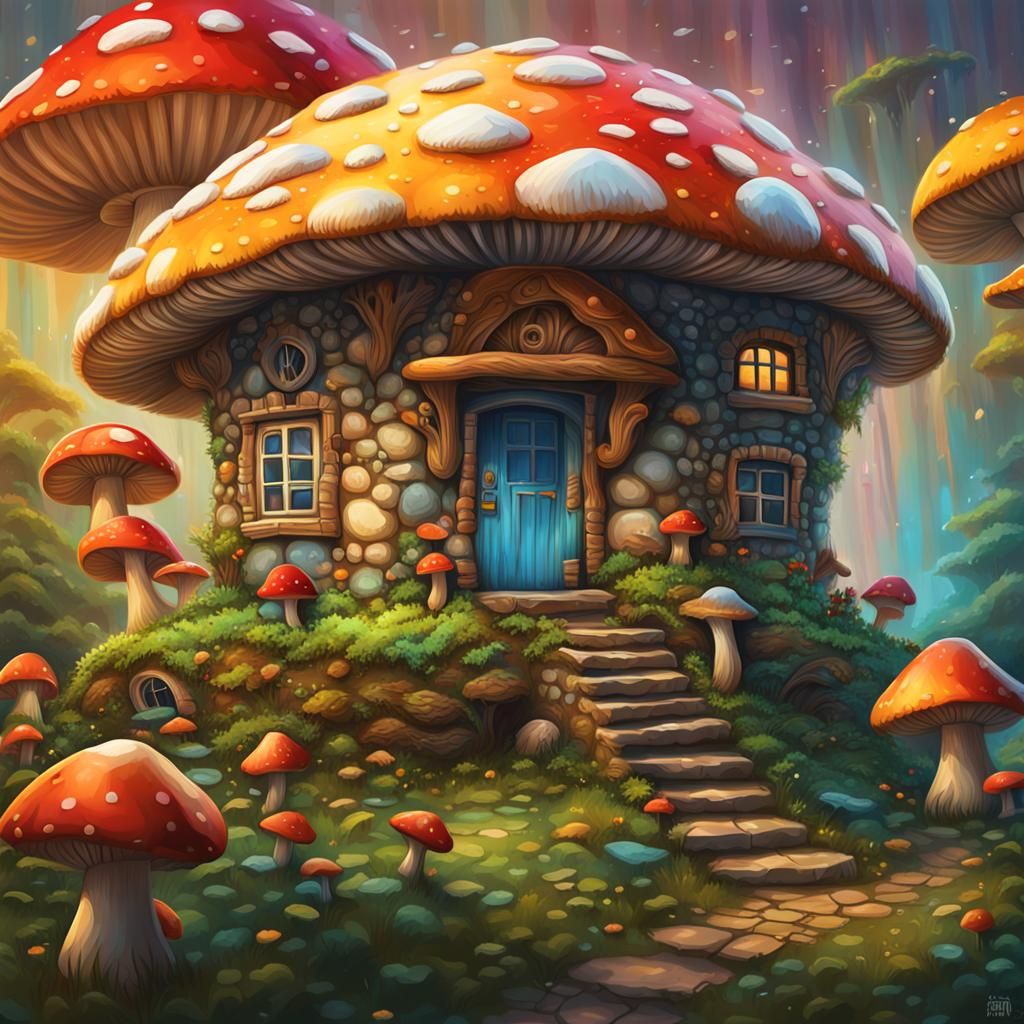 Mushroom House Garden in Folk Art Style