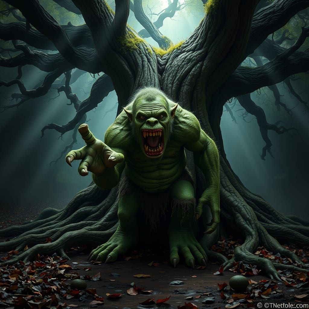 Grotesque Troll Howls Beneath Ancient Oak