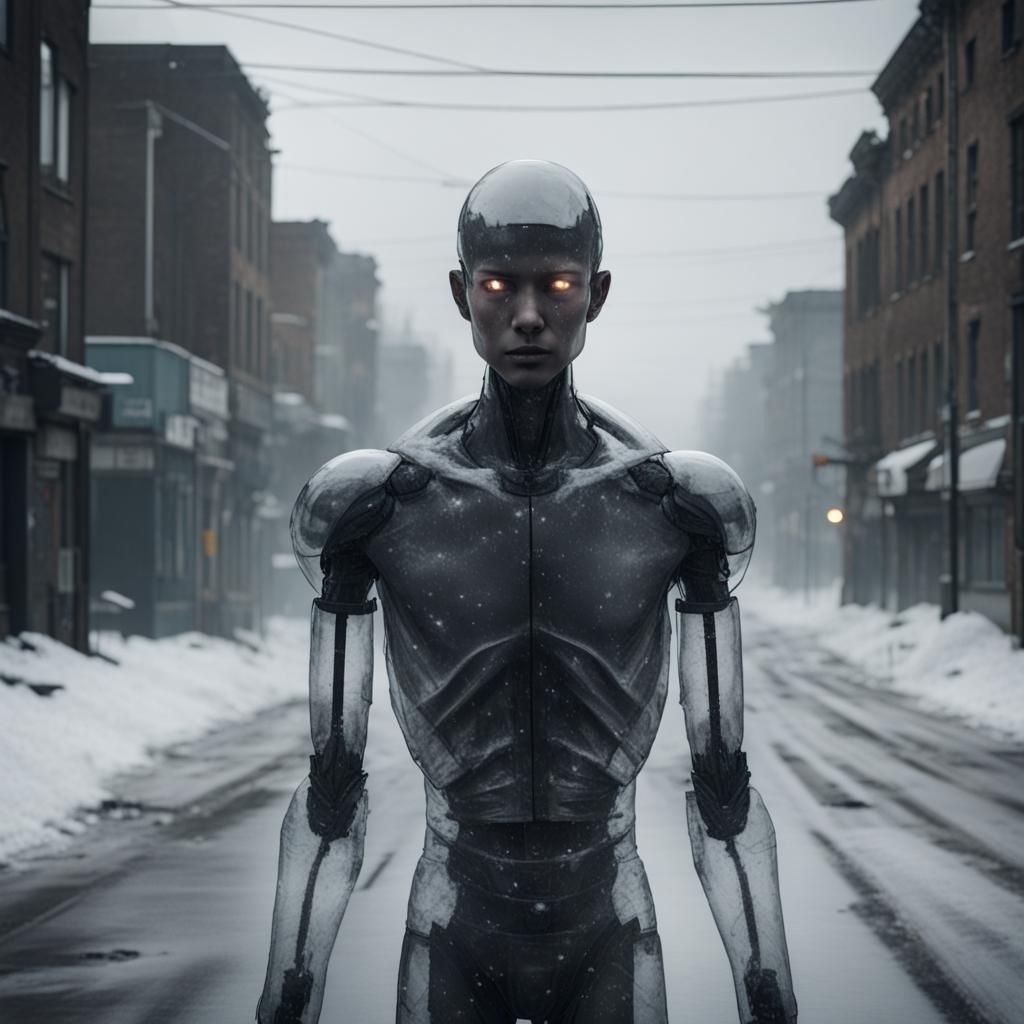 Transparent Humanoid in Abandoned Dystopian Cityscape