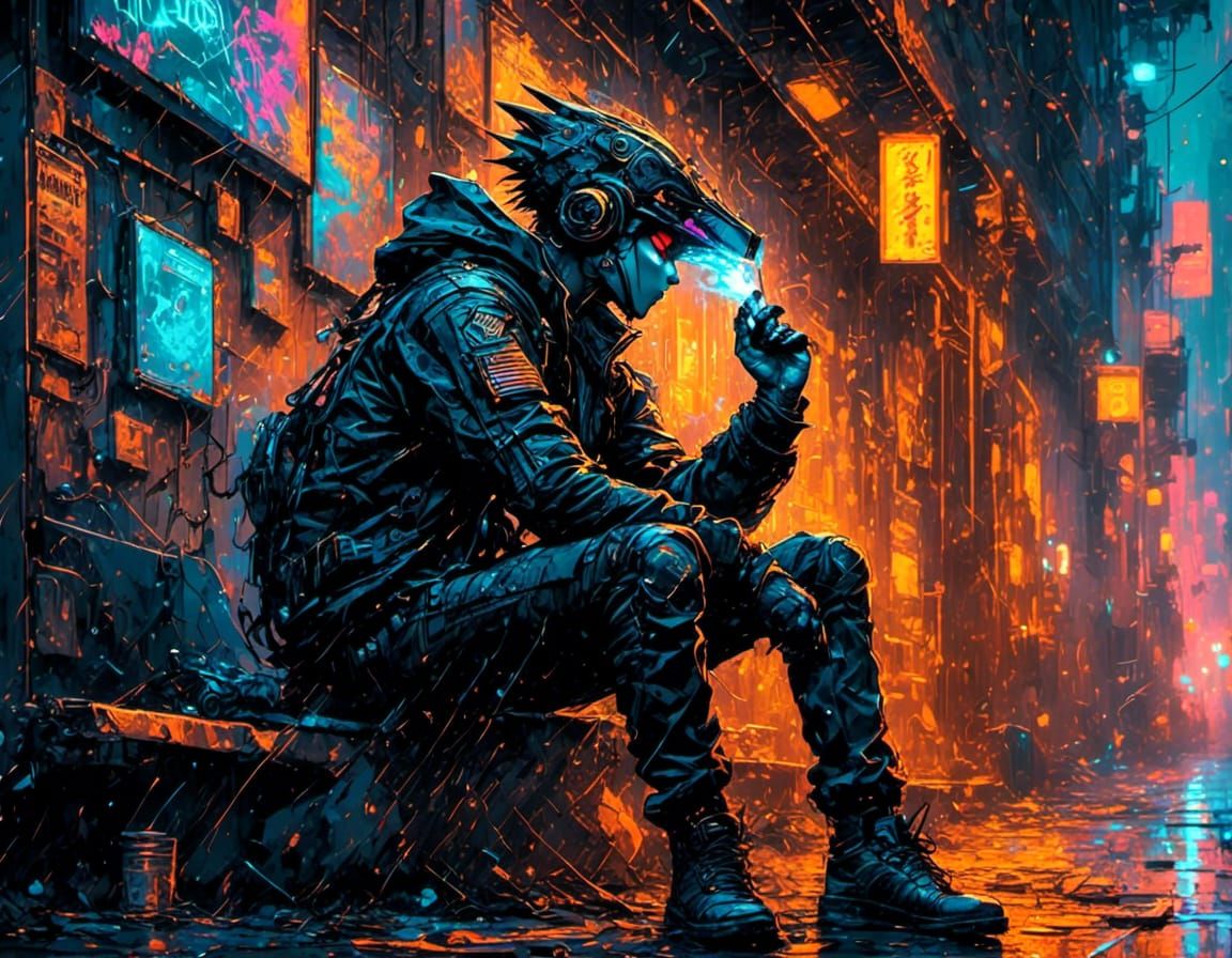 Cyberpunk Punk Smoking in Rainy Alley