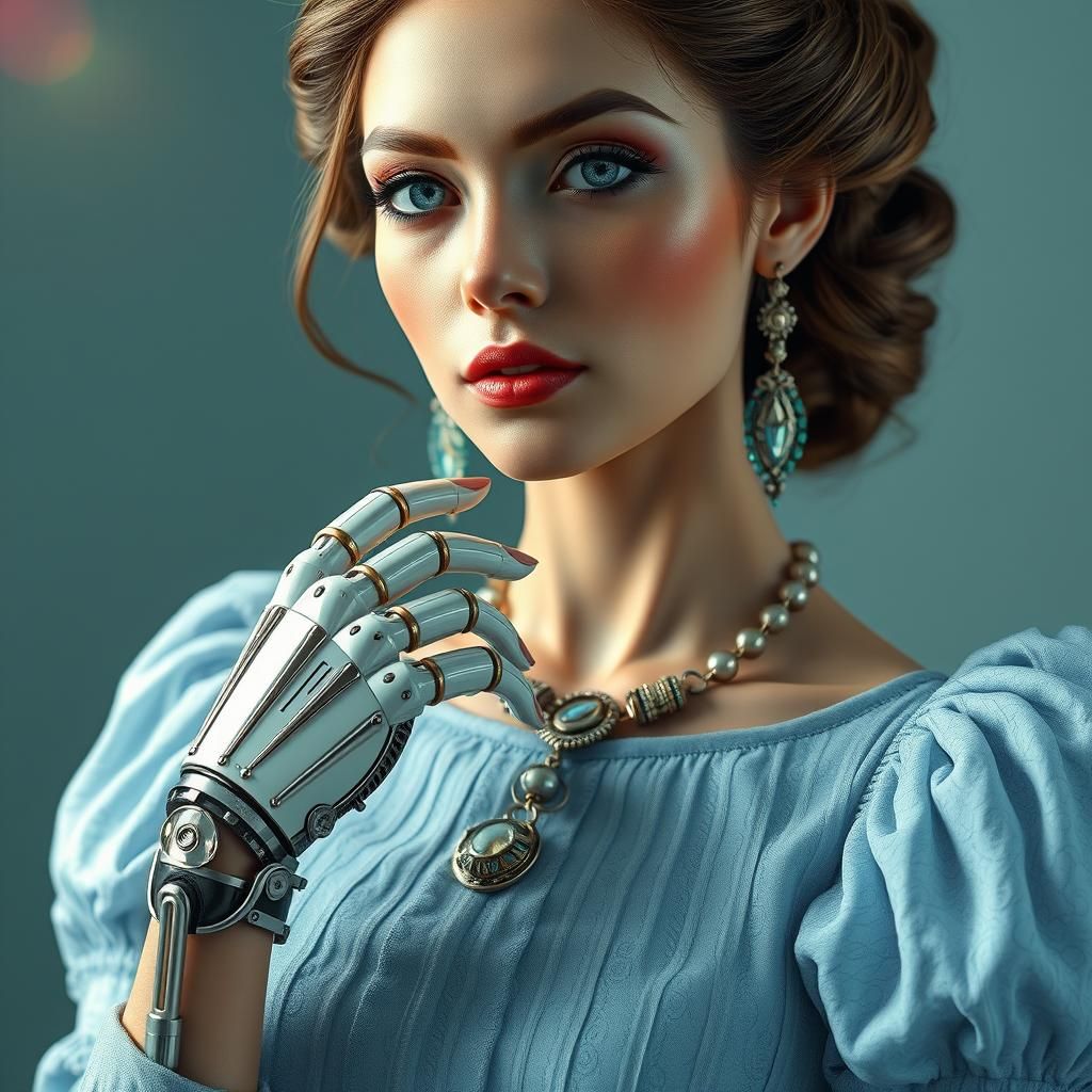 Cyborg Edwardian Woman in Vaporwave Style