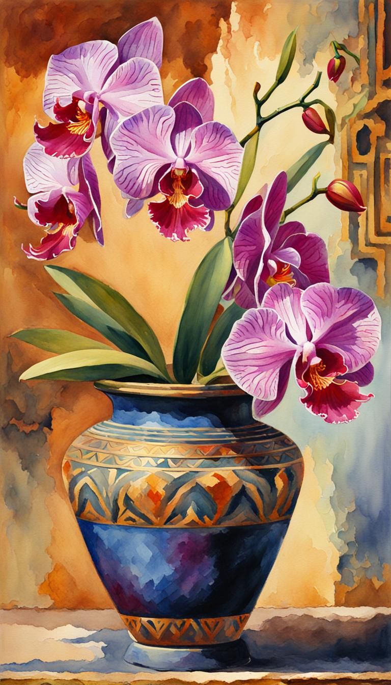 Watercolor Orchid in Egyptian Pot Masterpiece