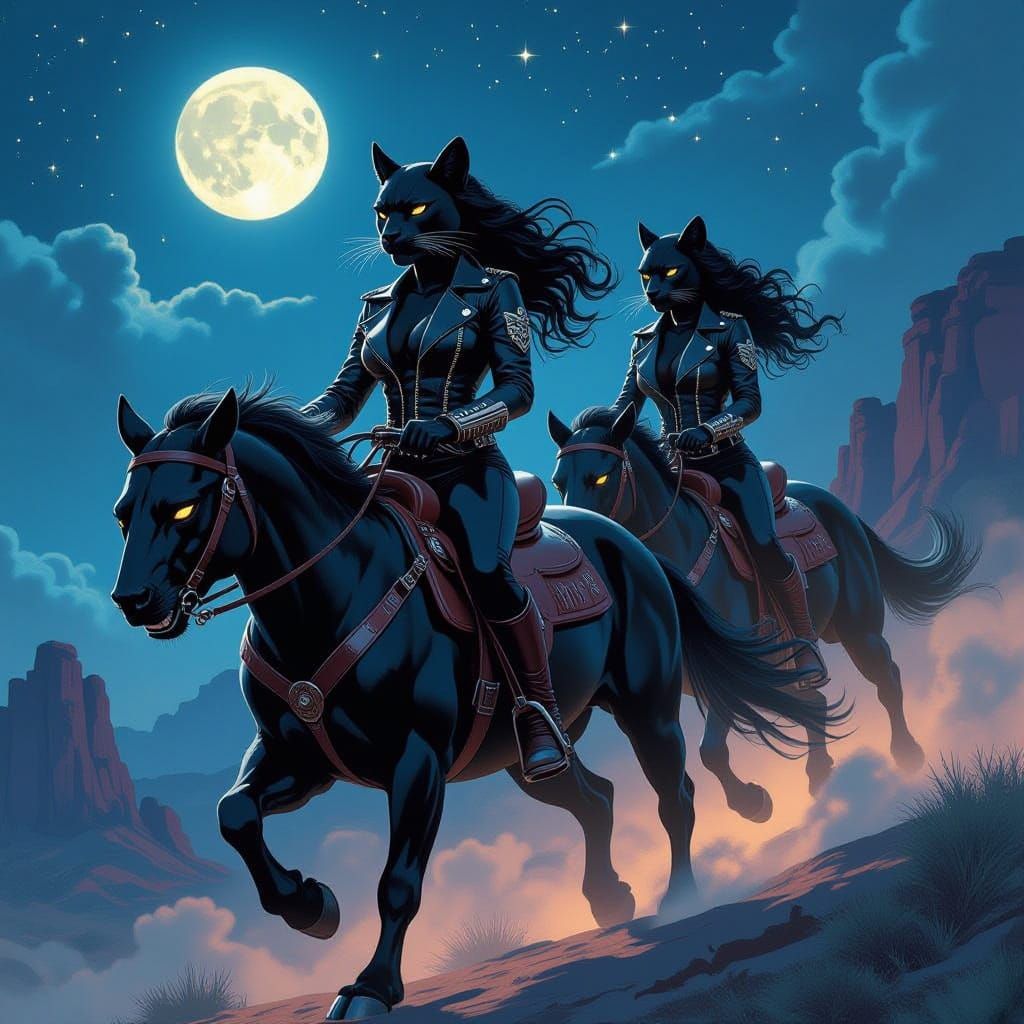 Spectral Panther Riders in Ethereal Night Sky
