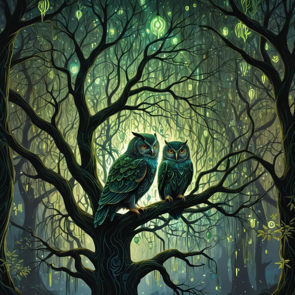 Bioluminescent Weeping Willow With Owl in Syd Mead Style