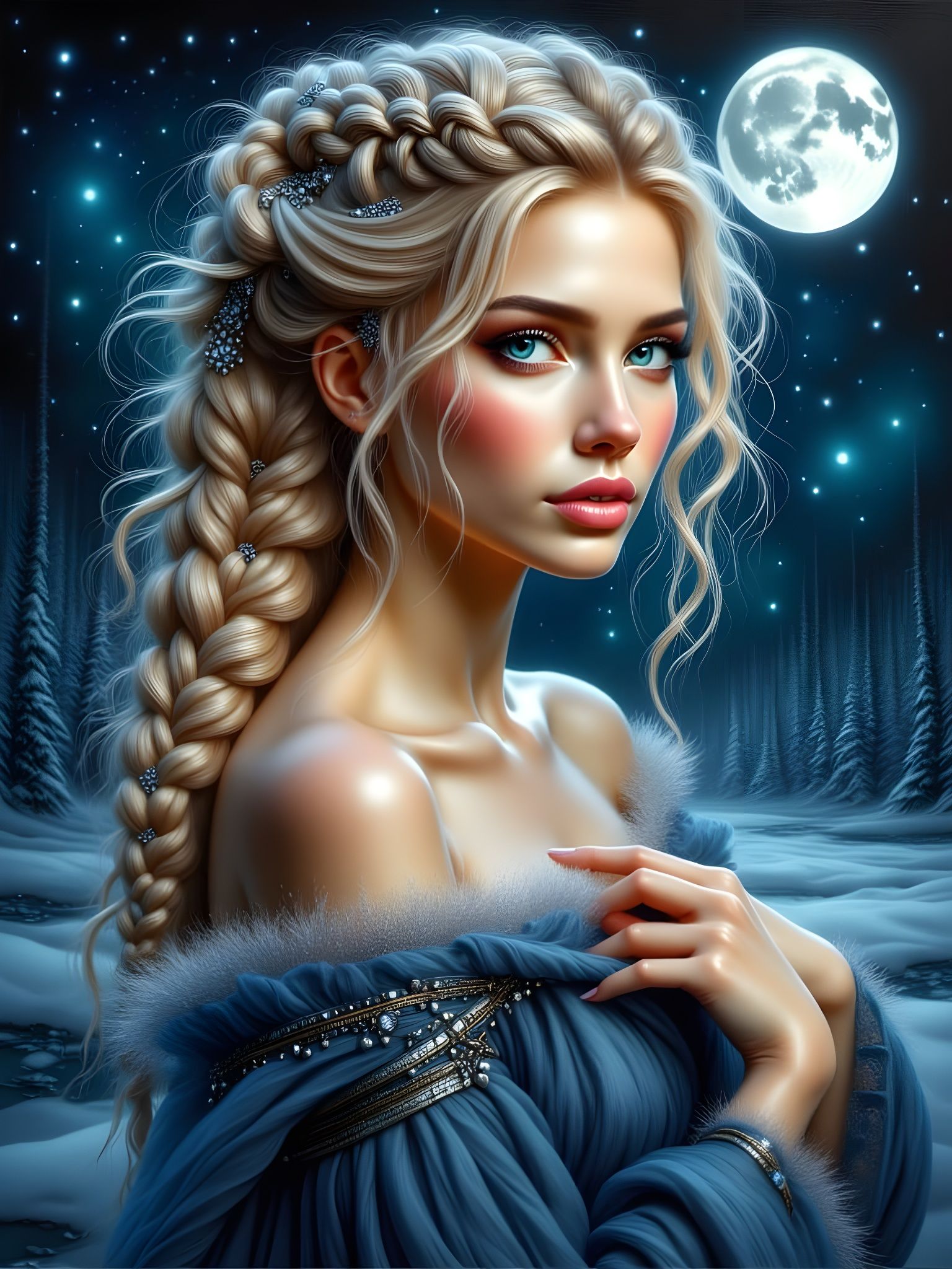 Hyper-Realistic Norse Goddess in Moonlit Snowfall