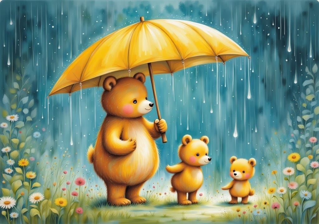 Whimsical Bear Family Finds Shelter Under a Colorful Umbrell...