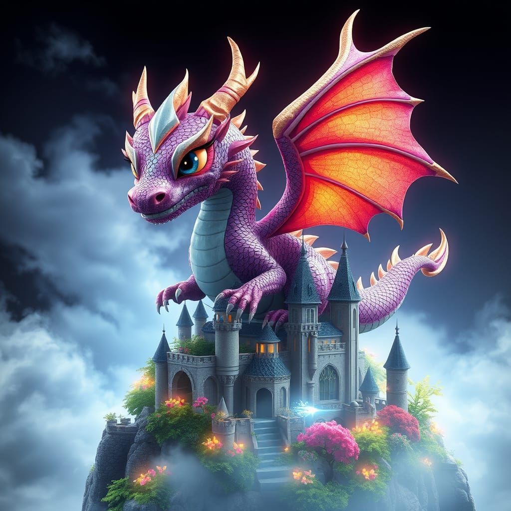Majestic Amethyst Dragon Reigns Over Ethereal Floating Castl...