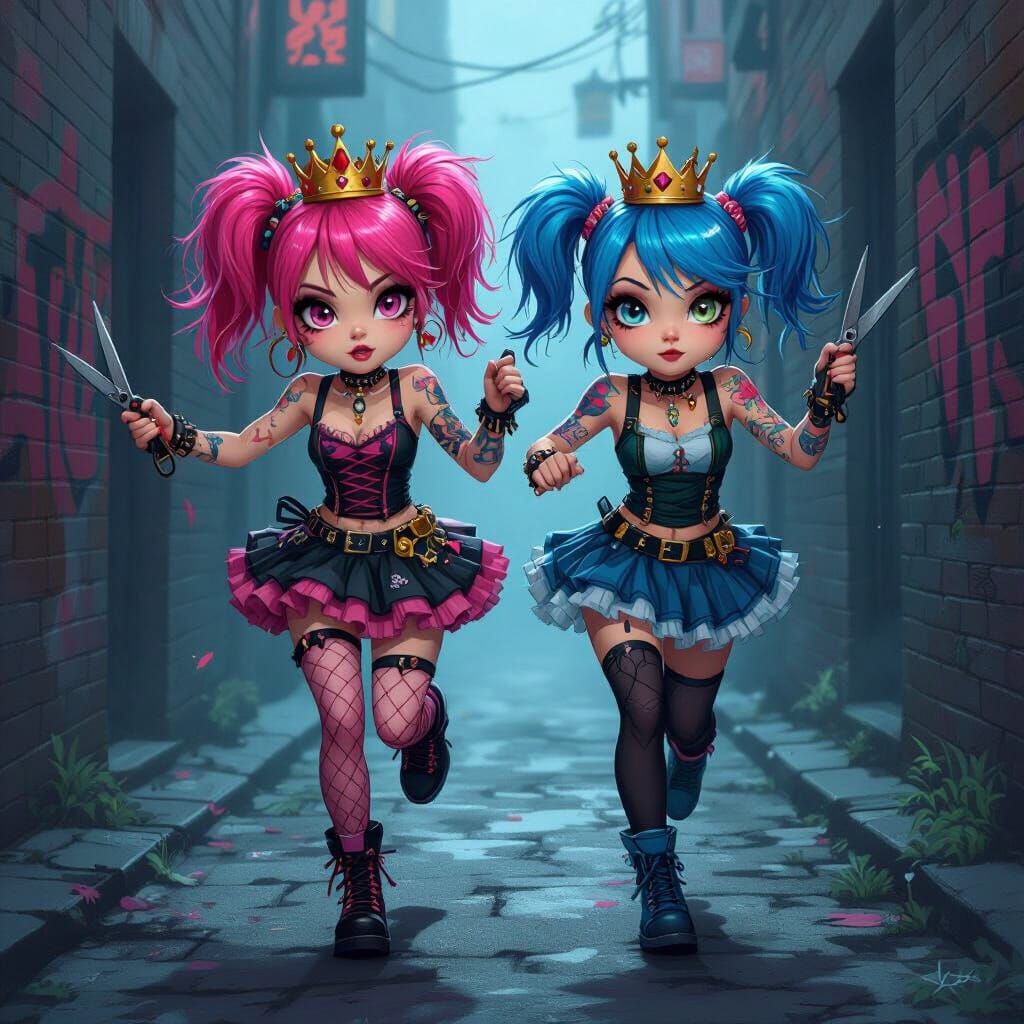 Emo Punk Girls with Tattoos in a Misty Alley
