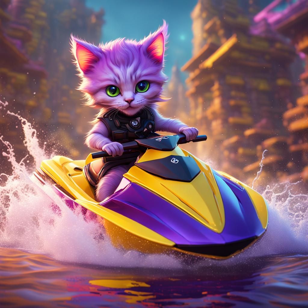 Kitten on Jet Ski: Dark Fantasy Concept Art
