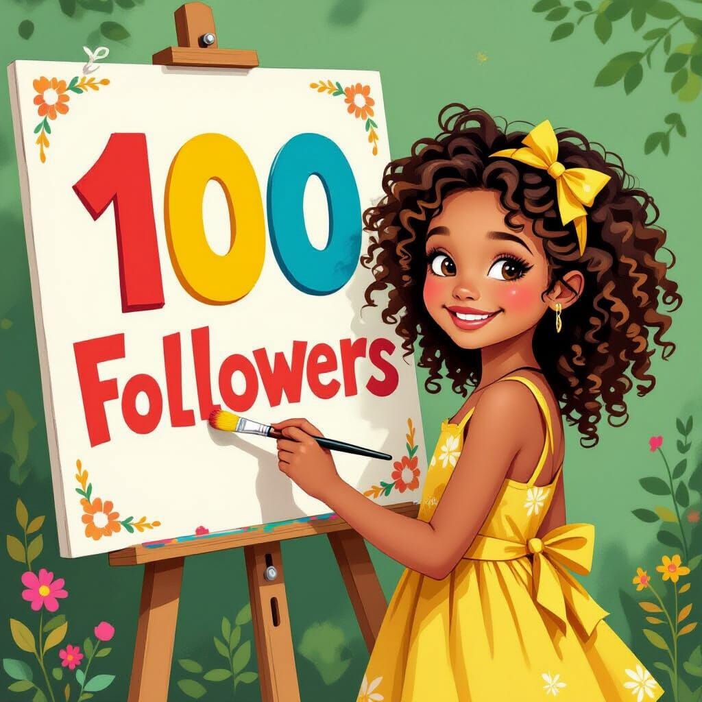 Girl Painting "100 Followers" Sign in Whimsical Style