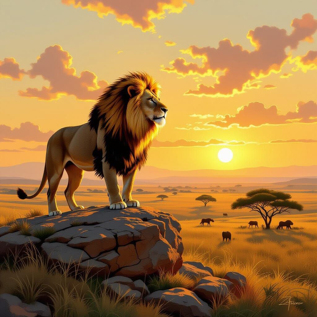 Lion Gazing Over Savanna at Dawn in Realism Style